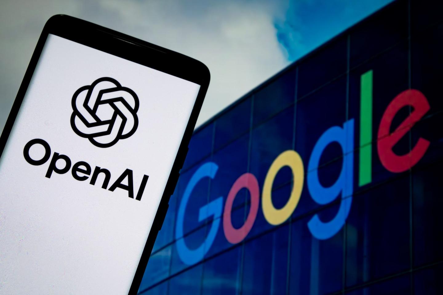 The OpenAI logo and the Google logo in the background