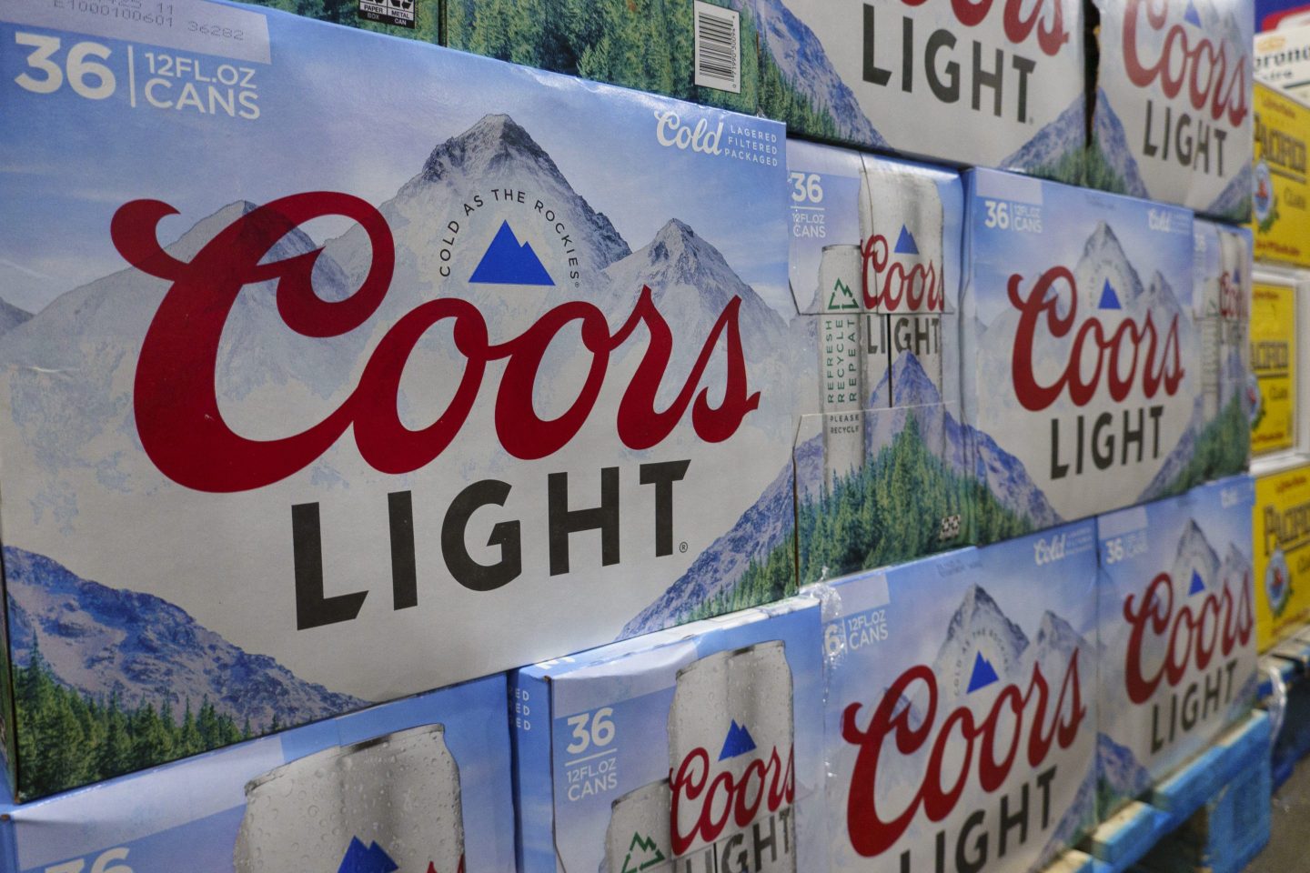 Cases of Coors Light are displayed at a Costco Wholesale store