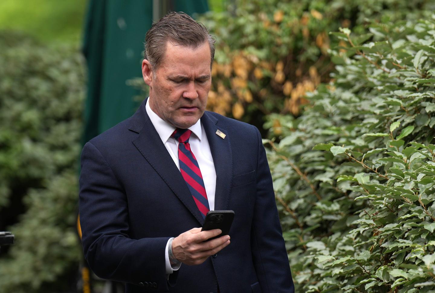 Mike Waltz stares down at his phone