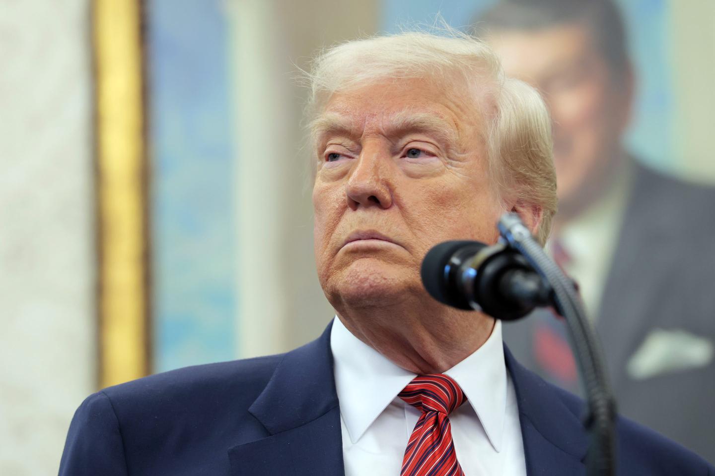 resident Donald Trump speaks during a swearing-in ceremony for new U.S. Ambassador to China David Perdue in the Oval Office at the White House on May 07, 2025 in Washington, DC.