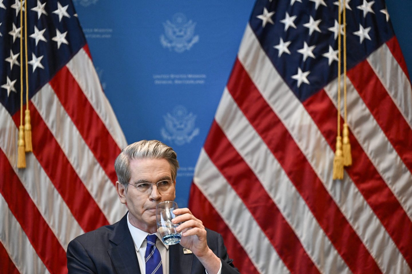 US Treasury Secretary Scott Bessent looks on during a news conference in Geneva on May 12, 2025