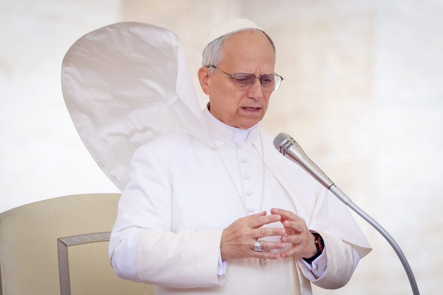 Pope Leo XIV, aka Robert Prevost, gives a speech