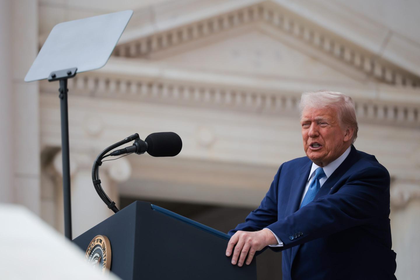 U.S. President Donald Trump speaks during the Memorial Day wreath-laying ceremony at the Memorial Amphitheater in Arlington National Cemetery on May 26, 2025 in Arlington, Virginia.