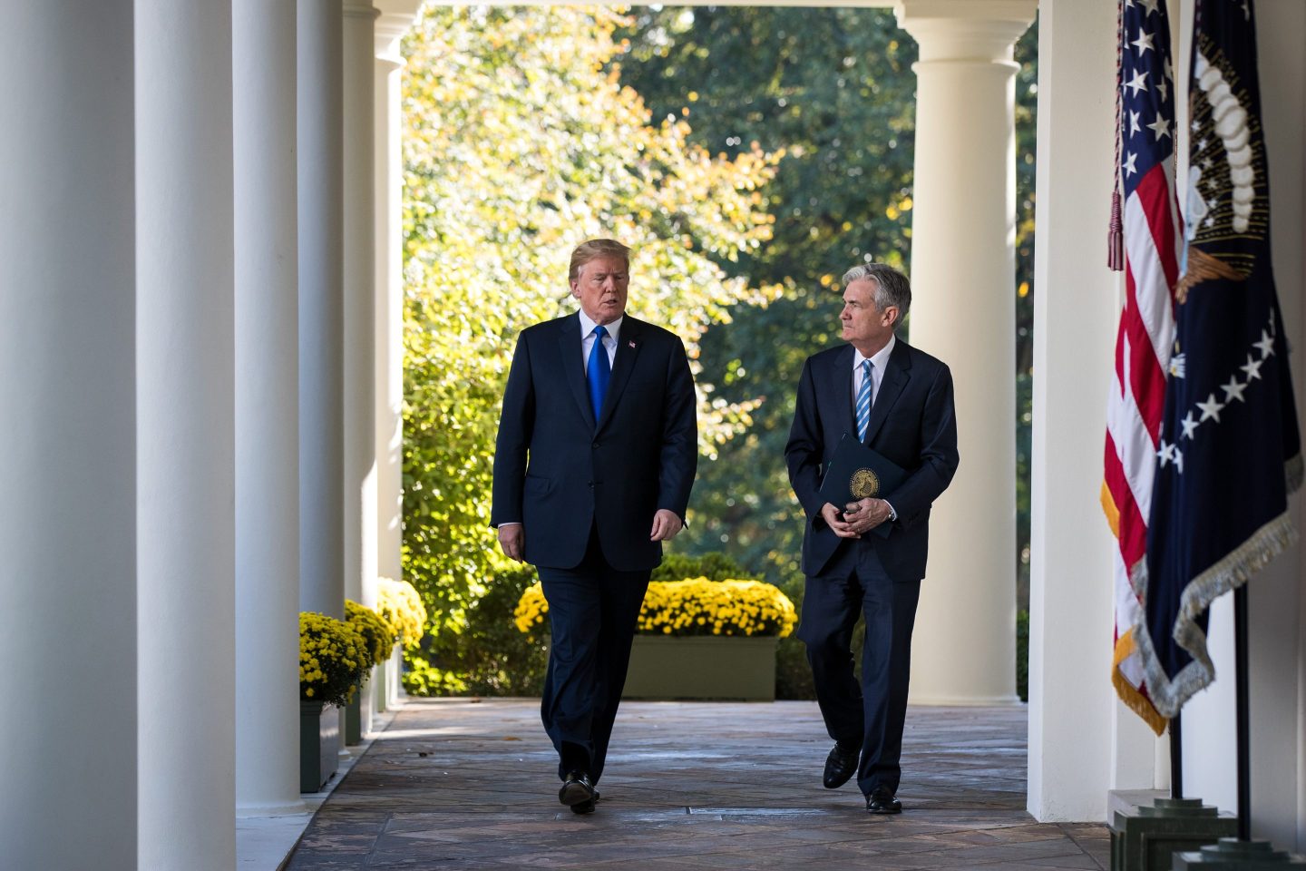 U.S. President Donald Trump walks with his nominee for the chairman of the Federal Reserve Jerome Powell on their way to a press event in the Rose Garden at the White House, November 2, 2017 in Washington, DC during Trump's first term.