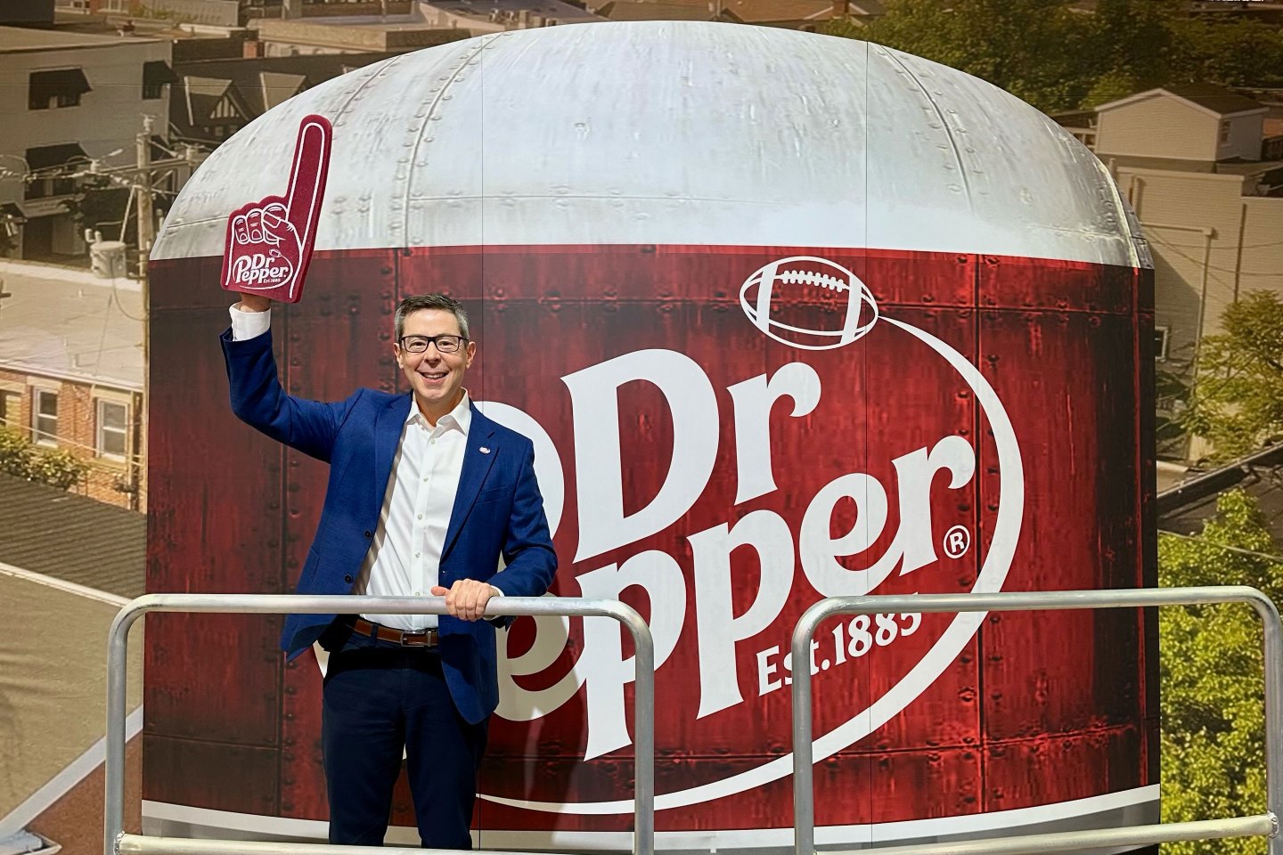 Keurig Dr Pepper CEO Tim Cofer during a Dr Pepper “Fansville” campaign launch at the National Association of Convenience Stores trade show in Las Vegas.