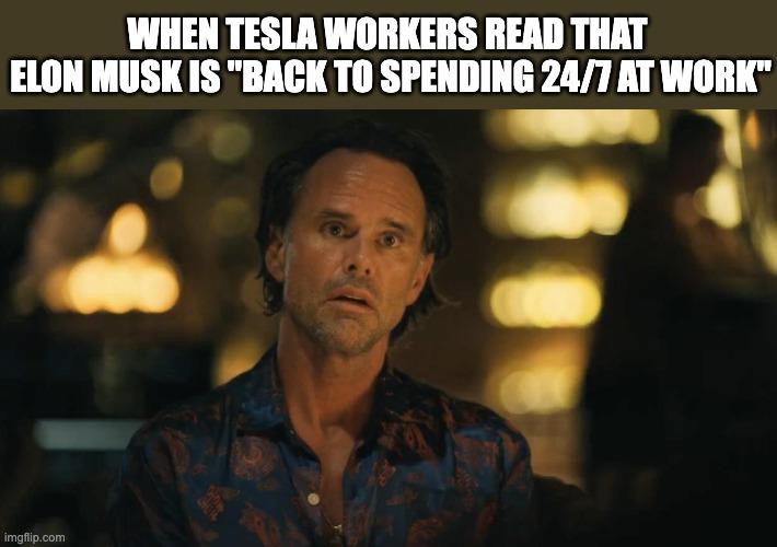 A meme featuring a surprised Rick Hatchett from season 3 of "The White Lotus" with the caption, "When Tesla workers read that Elon Musk is 'back to spending 24/7 at work'"