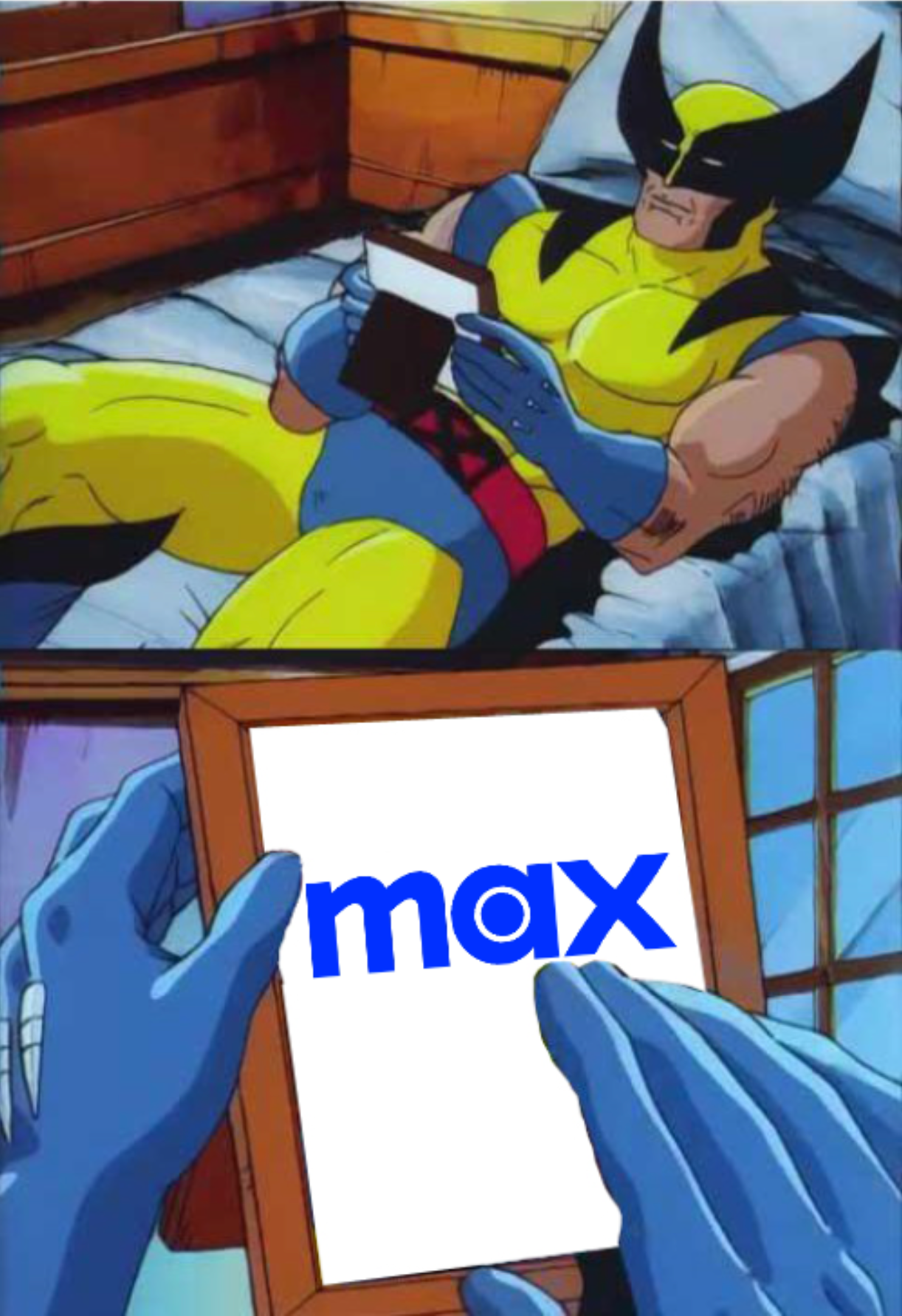A "Wolverine remembers" format meme with the X-Men character looking at a photo of the now-defunct "Max" streaming service logo.