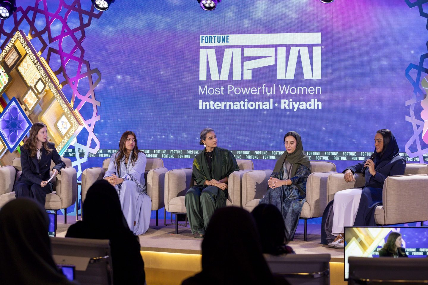 Zamzam Al Hammadi of the Professional Fighters League; Rasha Alkhamis, combat sports expert;
Aalia Al-Rasheed of the Saudi Arabian Football Federation; and Mashael Al Obaidan, rally driver; with moderator Emma Hinchliffe of Fortune.