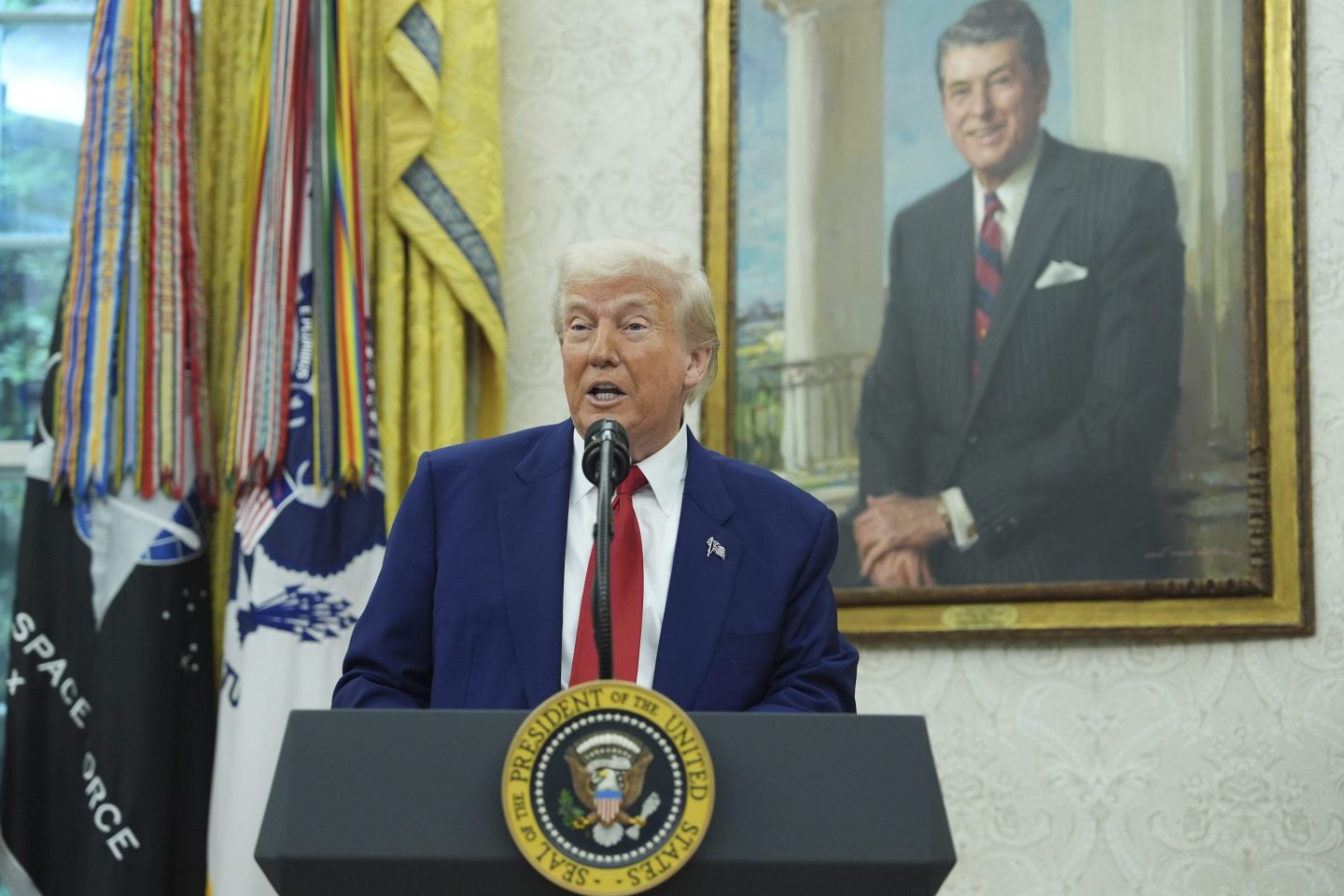 President Donald Trump speaks during a swearing in ceremony for interim U.S. Attorney General for the District of Columbia Jeanine Pirro, on May 28, 2025, in the Oval Office of the White House in Washington.