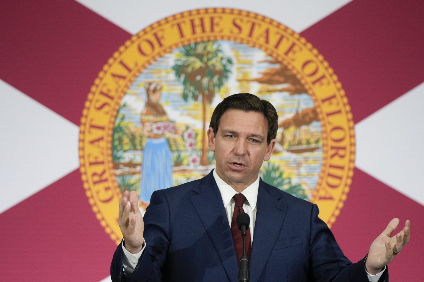 Florida Gov. Ron DeSantis speaks during a news conference in Miami, on May 9, 2023.