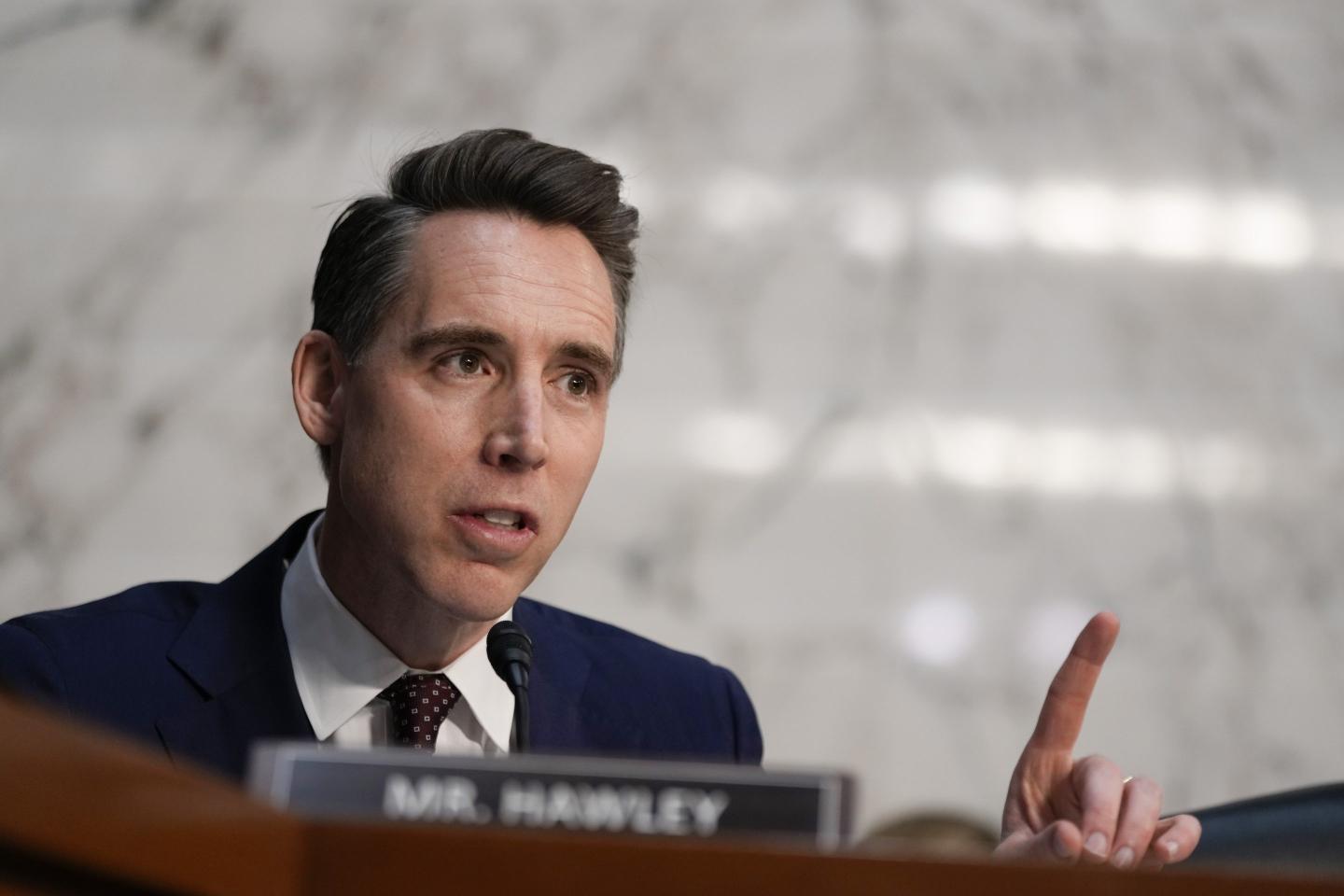 Josh Hawley points during a confirmation hearing