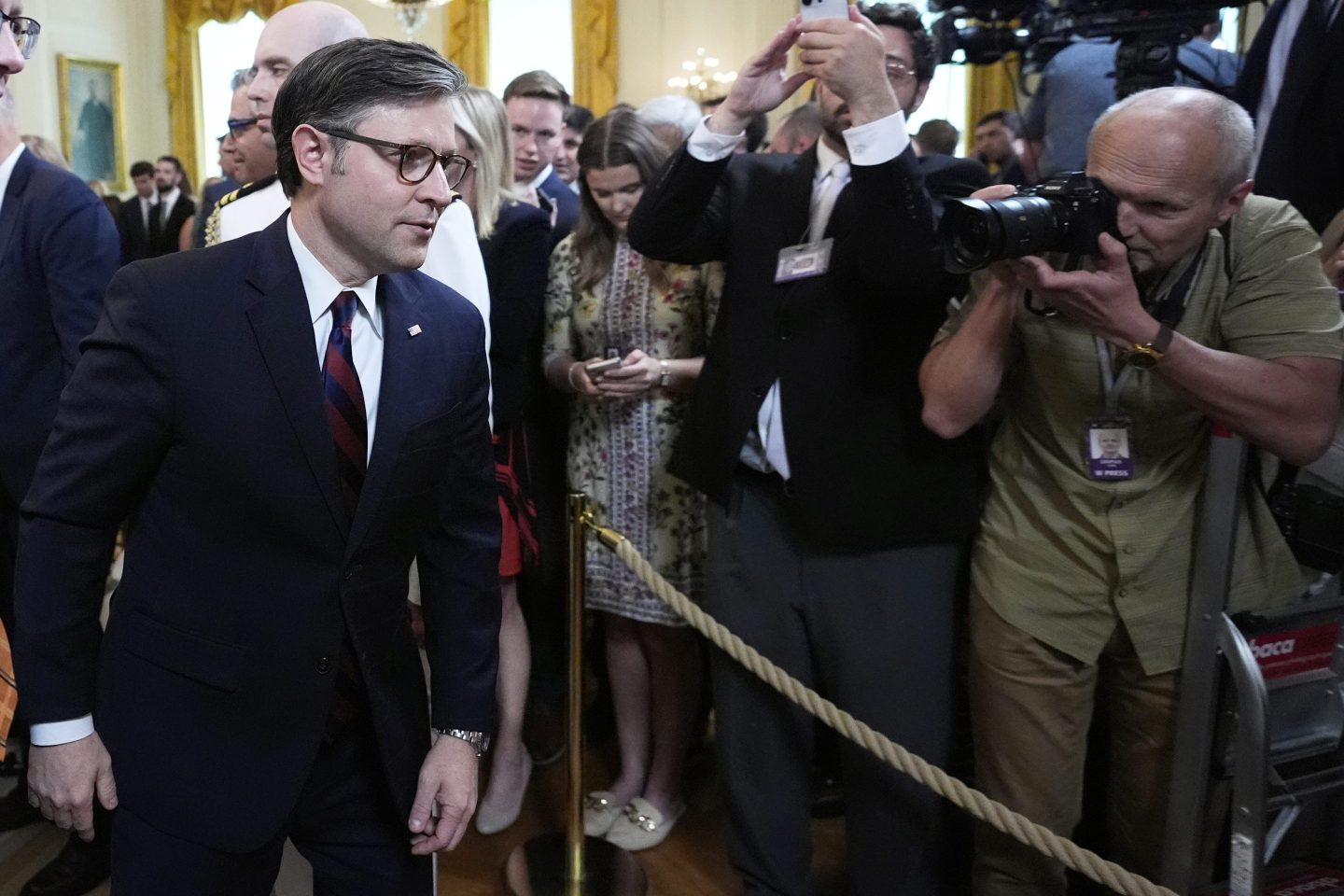 House Speaker Mike Johnson, R-La., departs after President Donald Trump signed a bill blocking California's rule banning the sale of new gas-powered cars by 2035, at an event in the East Room of the White House, on June 12, 2025, in Washington.