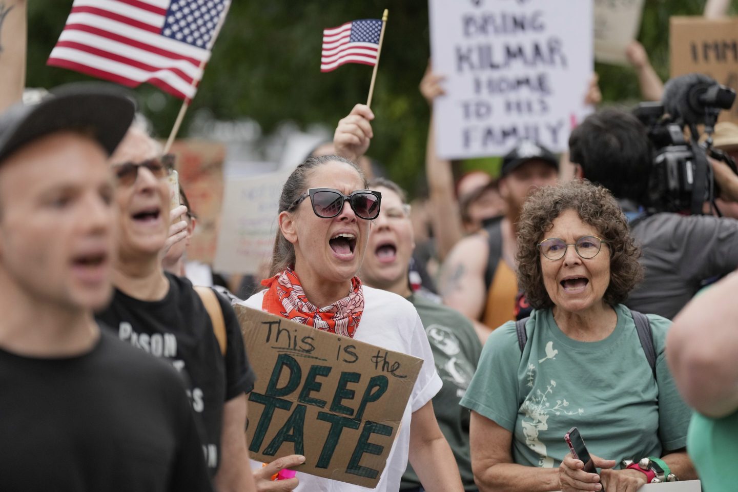 Protesters gather outside the Federal Courthouse before arguments whether Kilmar Abrego Garcia can be released from jail on June 13, 2025 in Nashville.