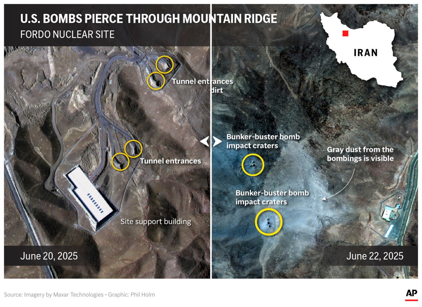 Iran's Fordo nuclear facility before and after U.S. bombed the site.