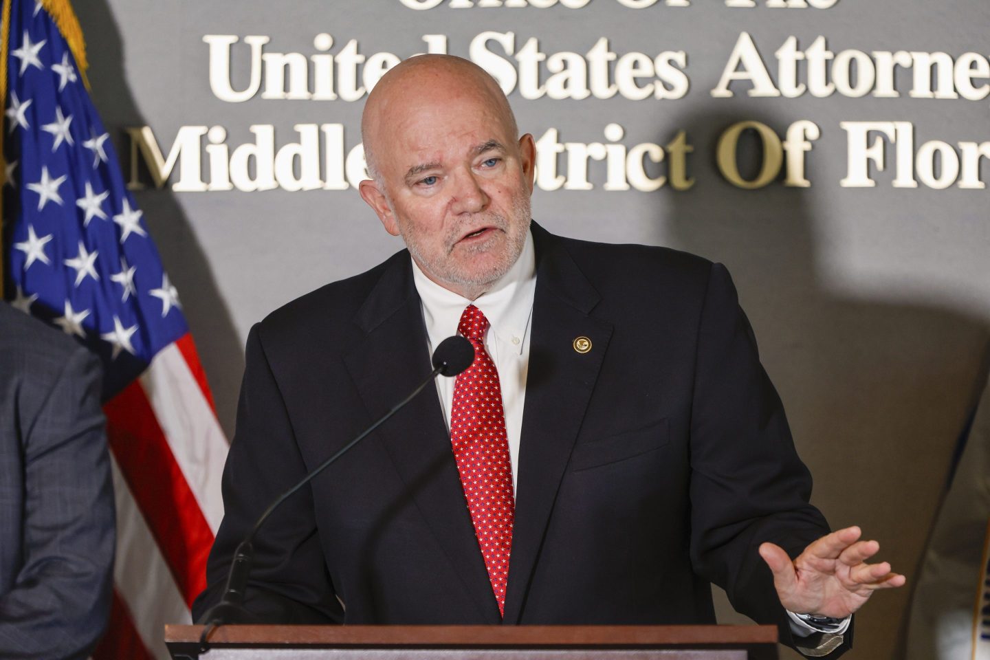 Gregory Kehoe, U.S. Attorney for the Middle District of Florida, speaks to reporters during a press conference regarding Leo Govoni at the United States Attorney's Office on June 23, 2025