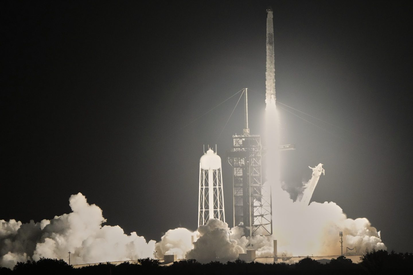 A SpaceX Falcon 9 rocket with a crew of four aboard a Dragon Spacecraft lifts off from pad 39A at the Kennedy Space Center in Cape Canaveral, Fla., on June 25, 2025.
