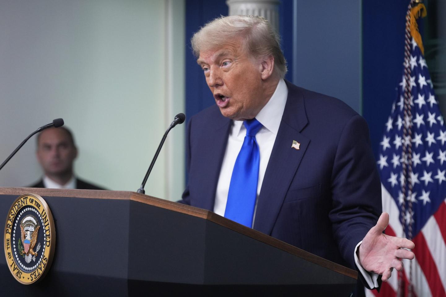 President Donald Trump speaks to the media, Friday, June 27, 2025, in the briefing room of the White House in Washington.