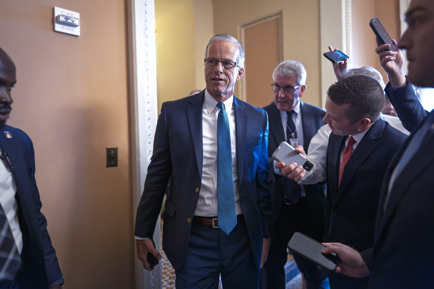 Senate Majority Leader John Thune at the Capitol on Friday for a closed-door Republican meeting to advance President Donald Trump's sweeping domestic policy bill.