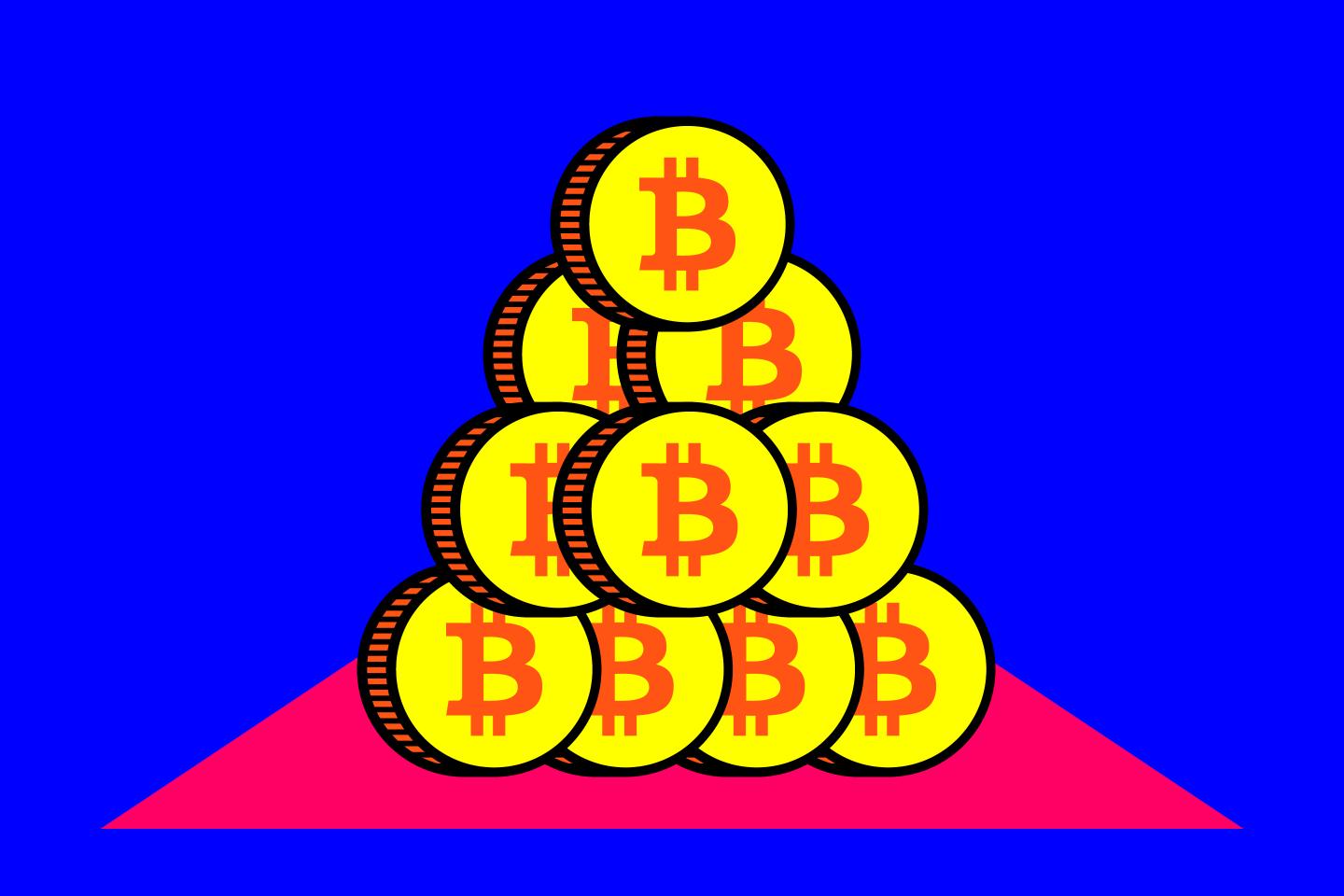 A tower of coins with the Bitcoin logo on them.