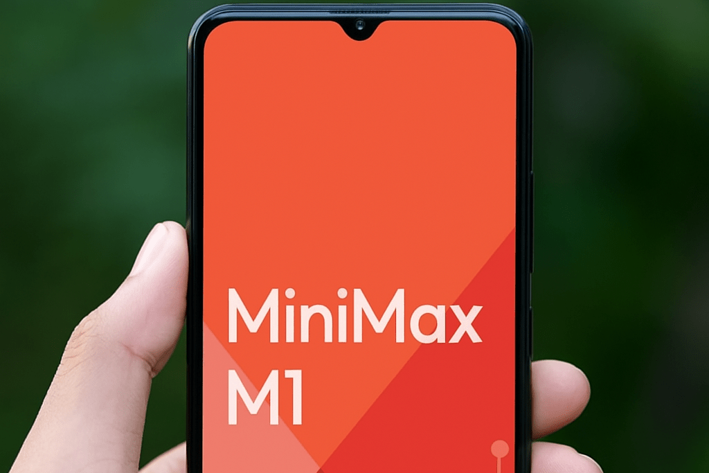 Photo illustration of a hand holding a smart phone that is displaying the logo of MiniMax's M1 AI model.