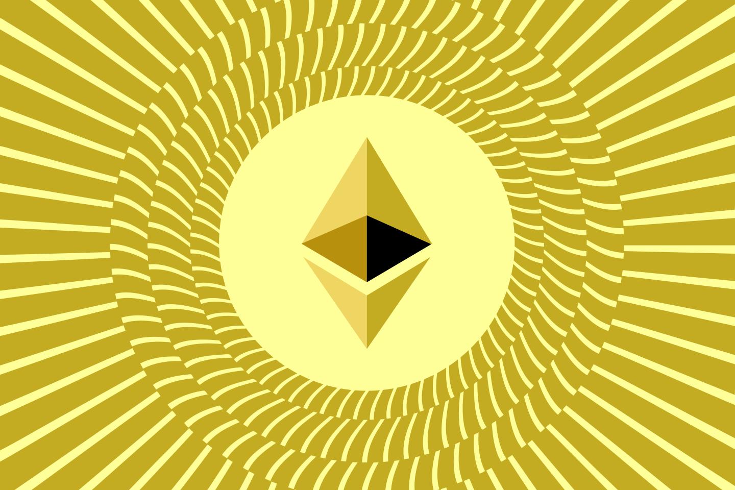 A picture of the Ethereum logo with rays around it.