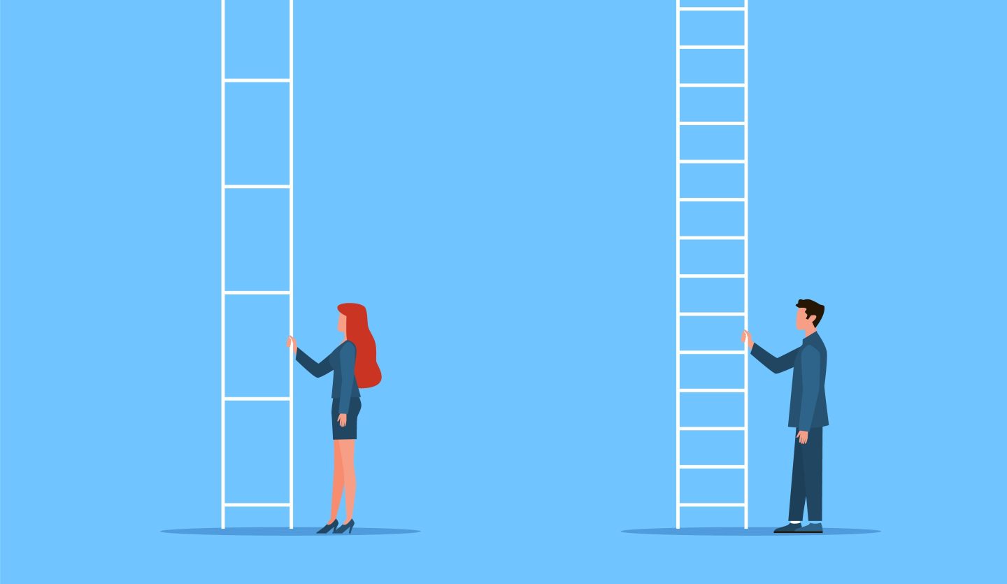 woman climbing ladder next to man climbing ladder