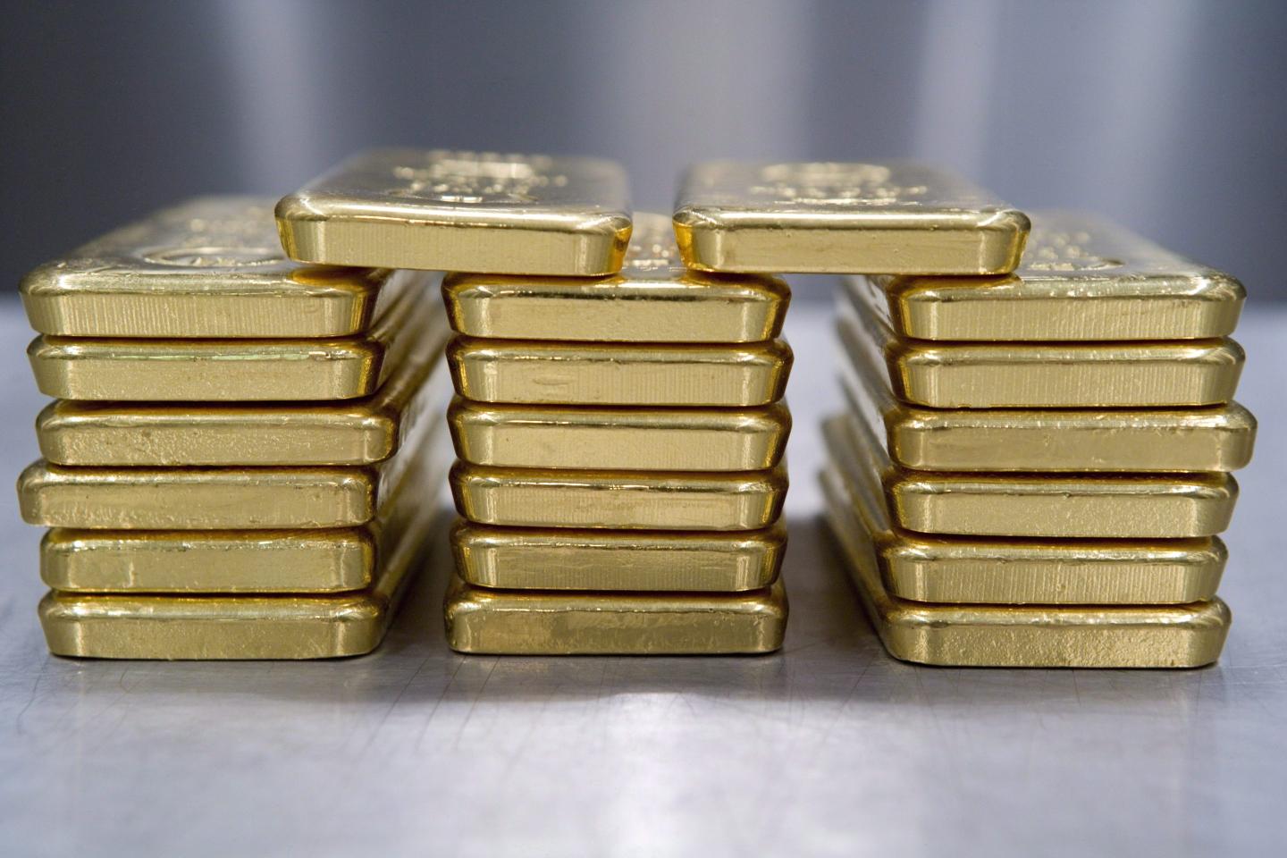 One kilo gold bricks in the vault of the pro aurum Goldhaus on February 19, 2013 in Munich.