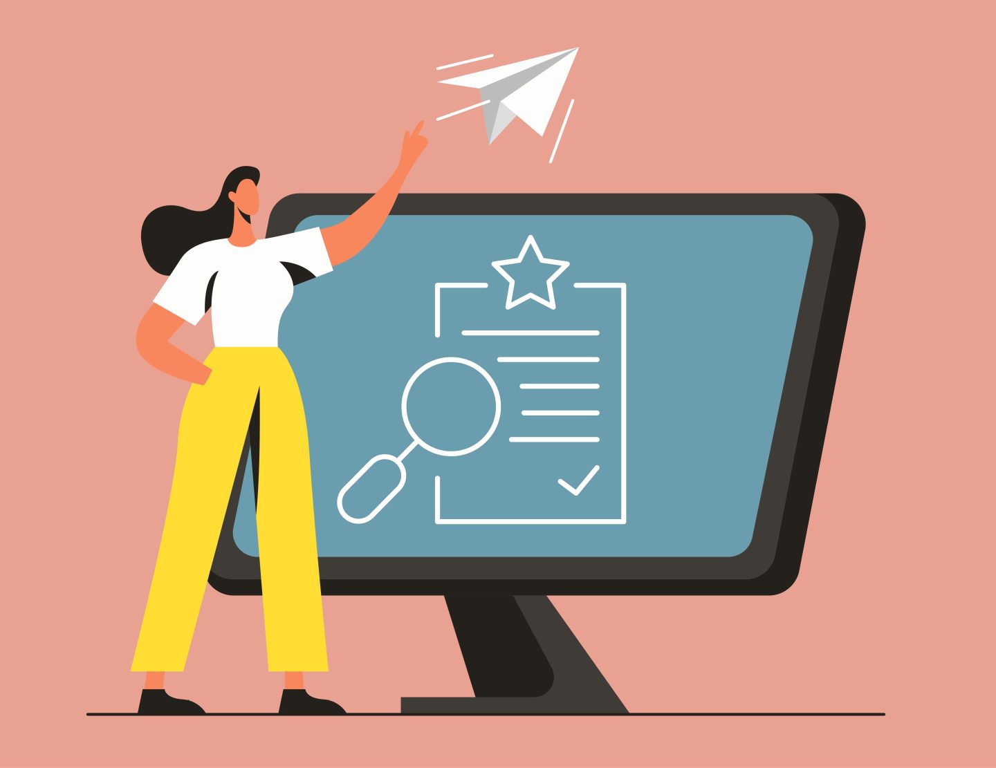 This illustration showcases a woman submitting an online application with a digital resume displayed on a computer screen.