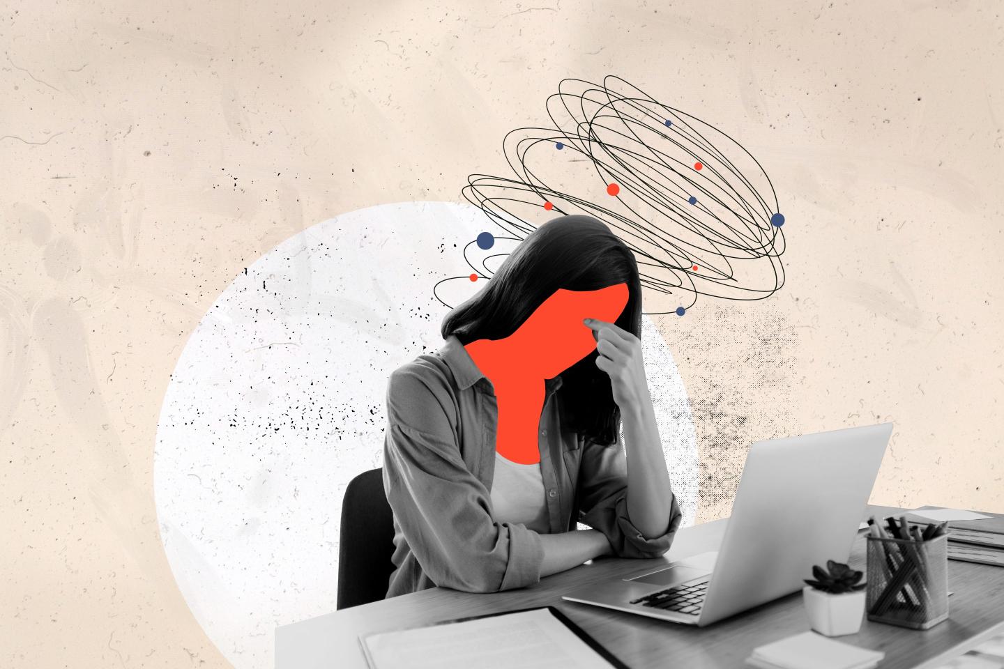 collage sketch image of young sad stressed lady with headache burnout deadline overloaded tired work in office.
