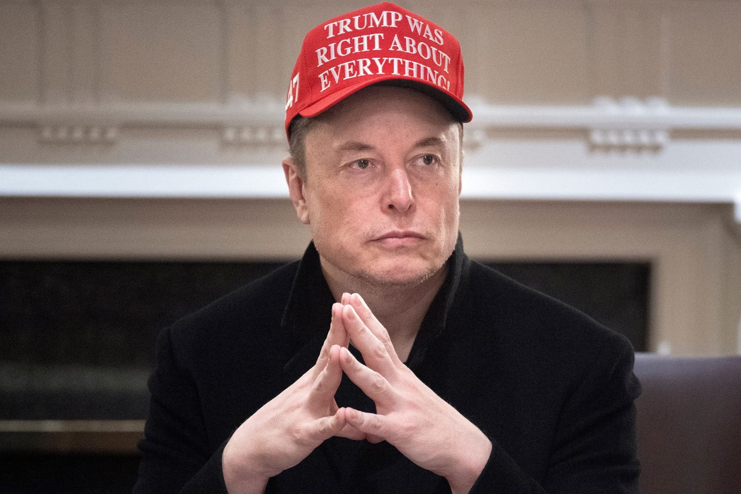 Elon Musk looks on during a Cabinet Meeting in the Cabinet Room of the White House.