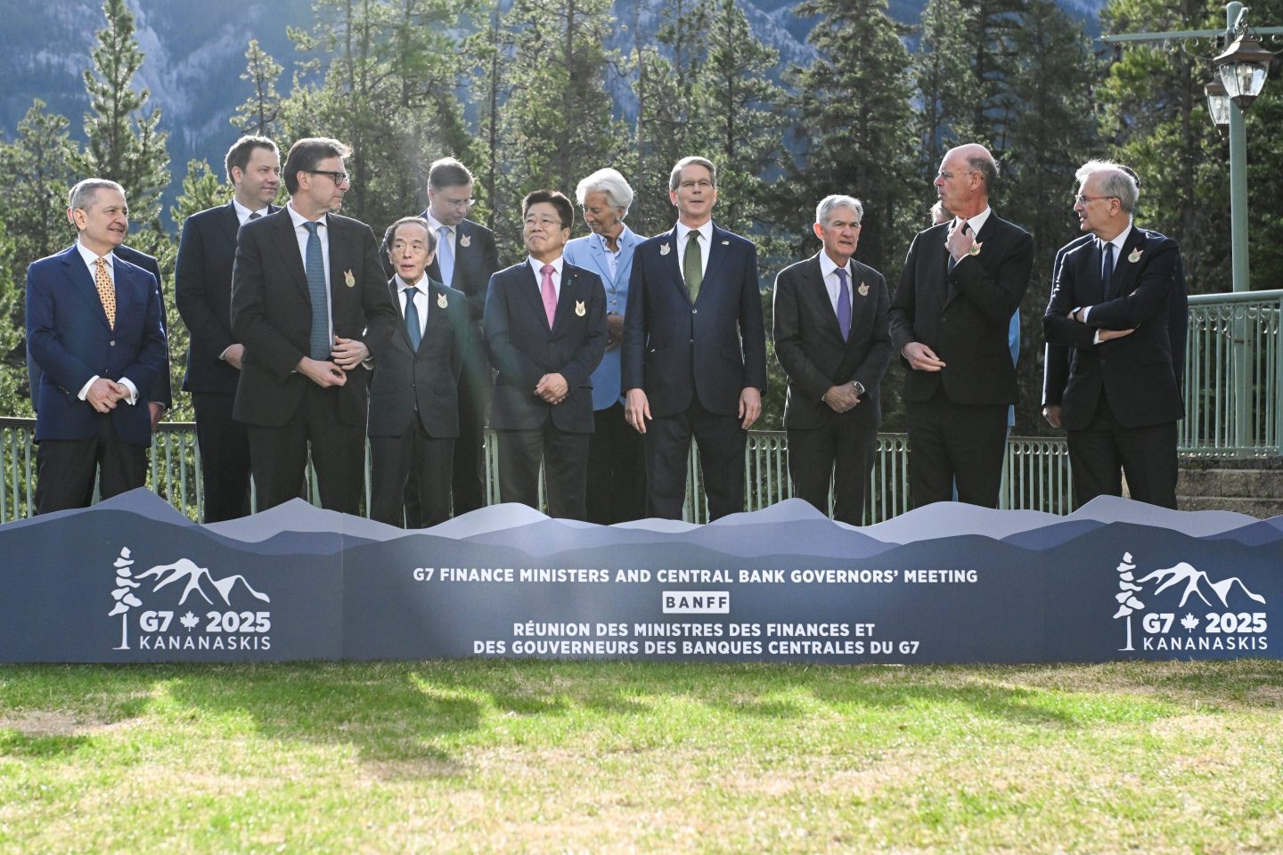 Participants of the G7 Finance Ministers and Central Bank Governors' Summit, including finance leaders and heads of international financial institutions, gather and prepare for the official family photo in Banff, Alberta, Canada, on May 21, 2025.