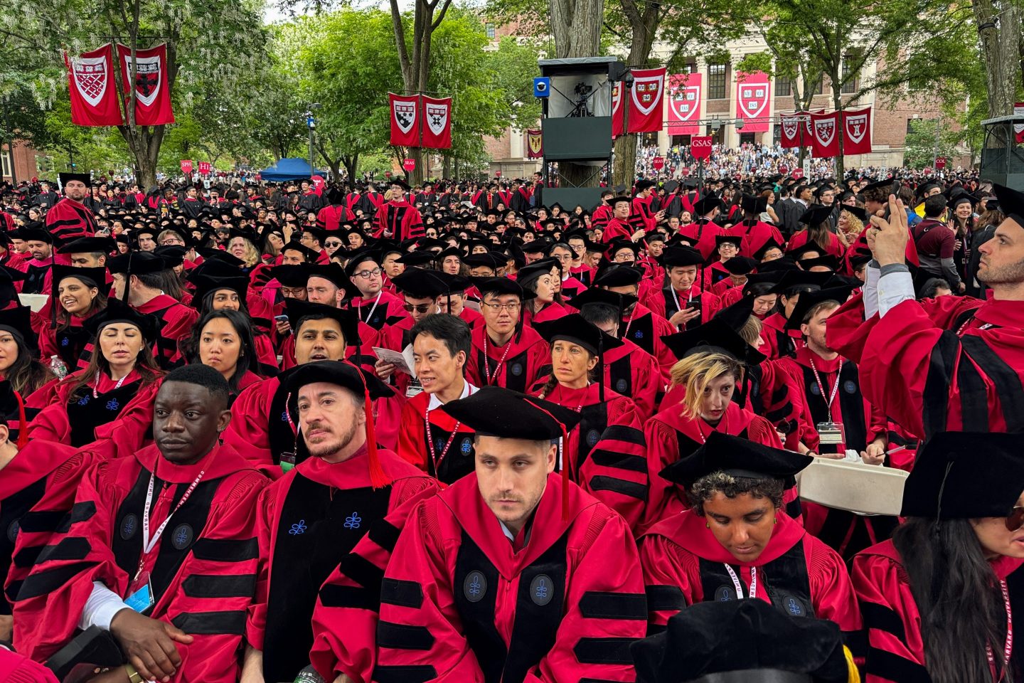 Harvard graduates dressed in red and black robes sit during their commencement ceremony.