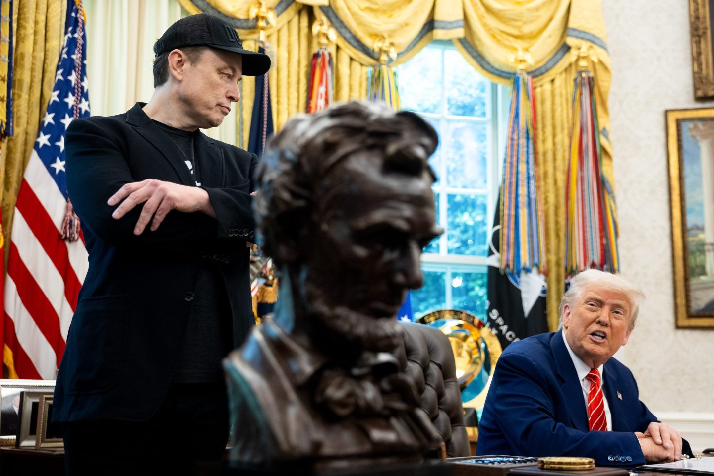 US President Donald Trump, right, and Elon Musk, chief executive officer of Tesla Inc., during a news conference in the Oval Office of the White House in Washington, DC, US, on Friday, May 30, 2025.