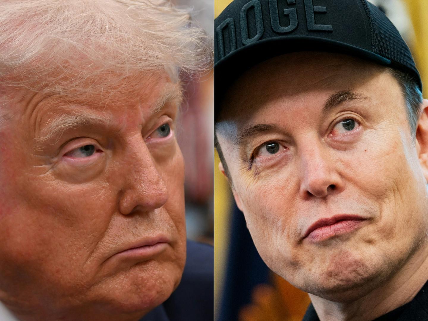 S President Donald Trump in the Oval Office of the White House, in Washington, DC, on May 5, 2025 and Elon Musk in the Oval Office of the White House in Washington, DC, on May 30, 2025.