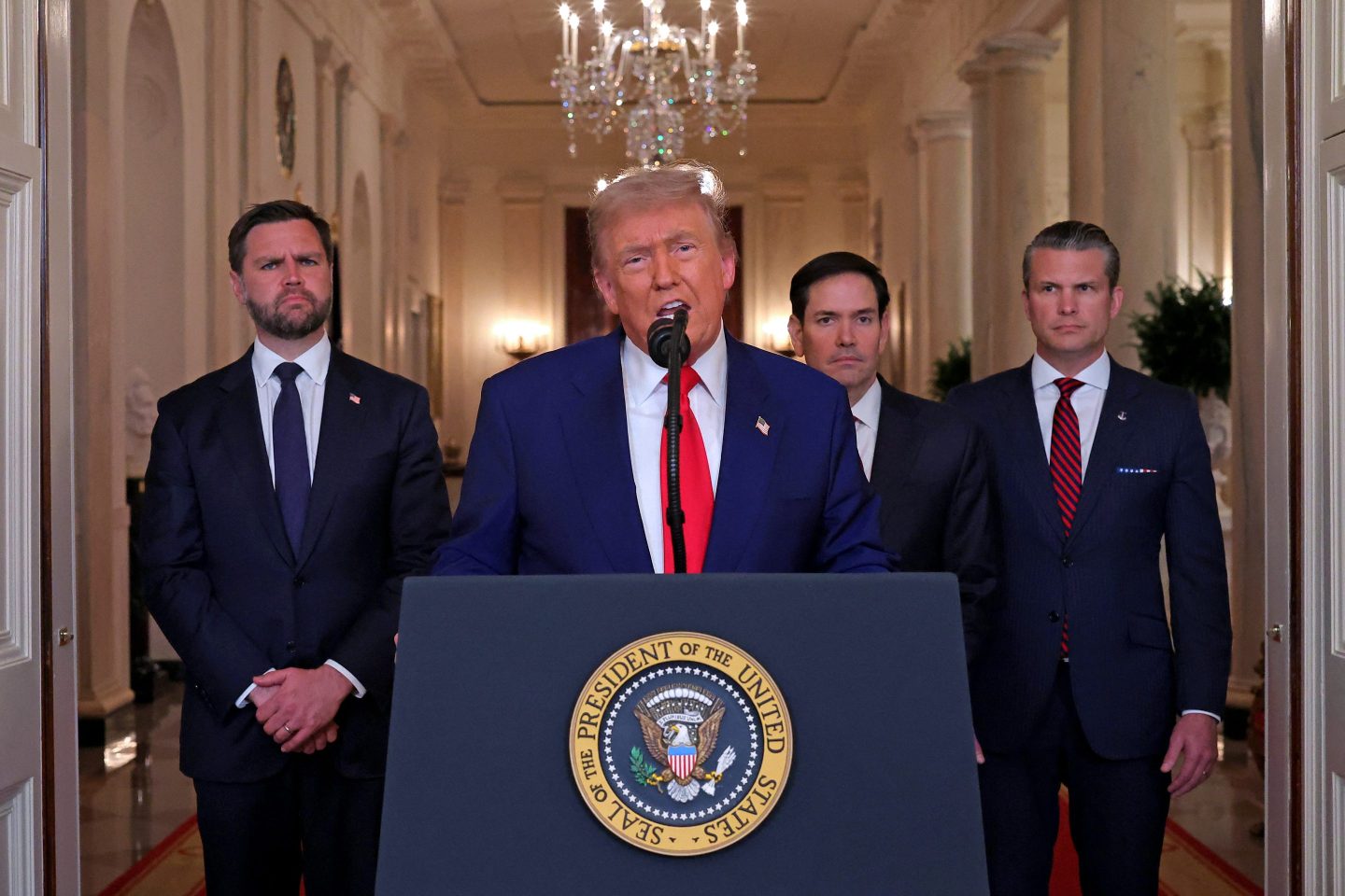 US President Donald Trump addresses the nation, alongside US Vice President JD Vance (L), US Secretary of State Marco Rubio (2nd R) and US Secretary of Defense Pete Hegseth (R), from the White House in Washington, DC on June 21, 2025, following the announcement that the US bombed nuclear sites in Iran