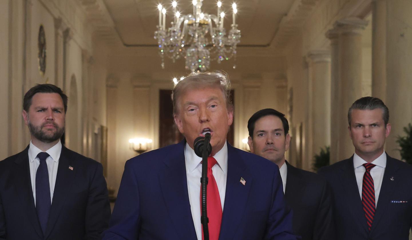 President Donald Trump delivers an address to the nation accompanied by U.S. Vice President JD Vance, U.S. Secretary of State Marco Rubio and U.S. Defense Secretary Pete Hegseth from the White House on June 21, 2025 in Washington, D.C.