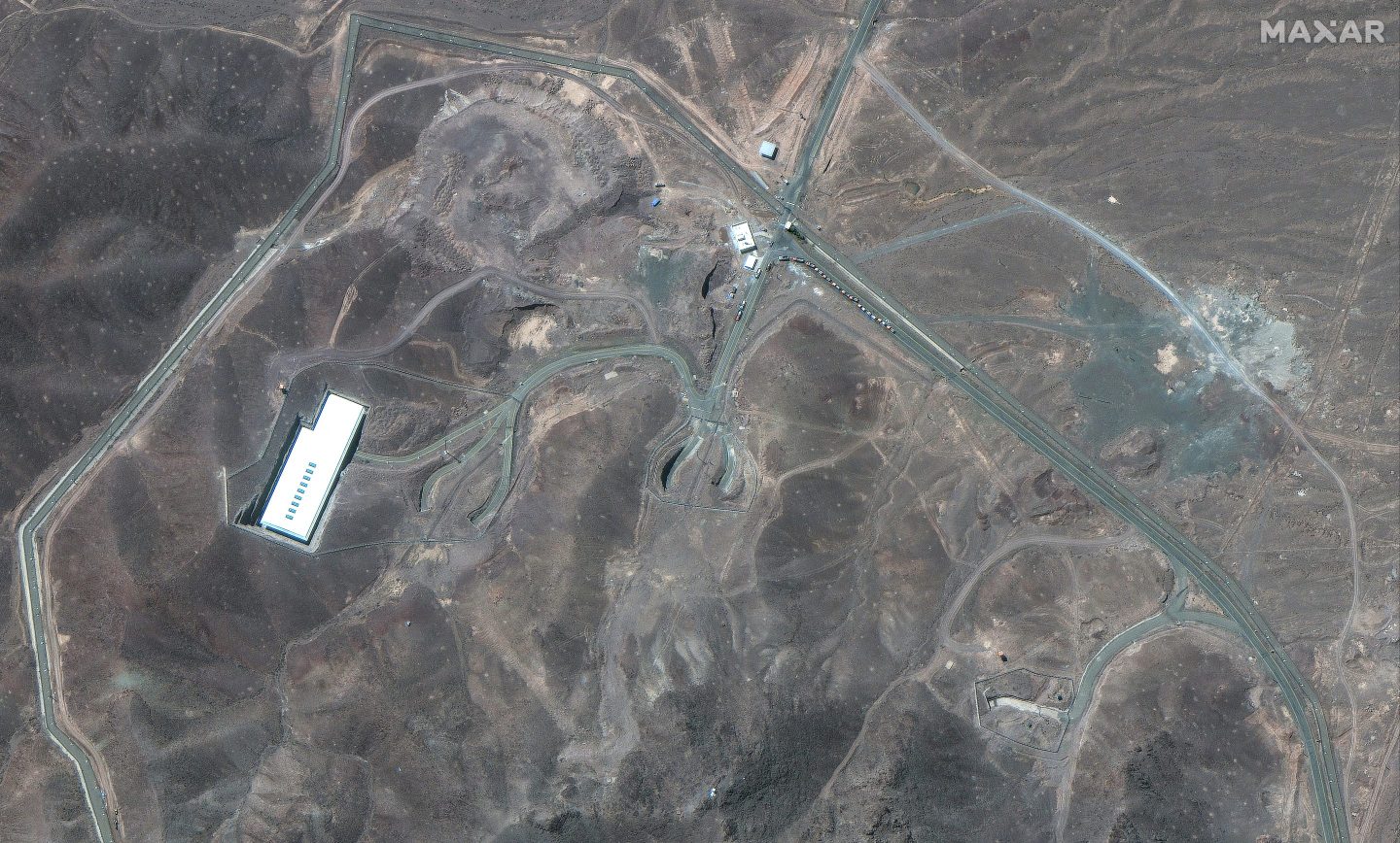 An overhead view of the Fordow enrichment facility in Iran before U.S. airstrikes.