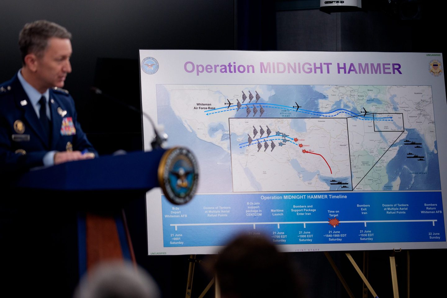 Chairman of the Joint Chiefs of Staff Air Force Gen. Dan Caine discusses the mission details of a strike on Iran during a news conference at the Pentagon on Sunday.