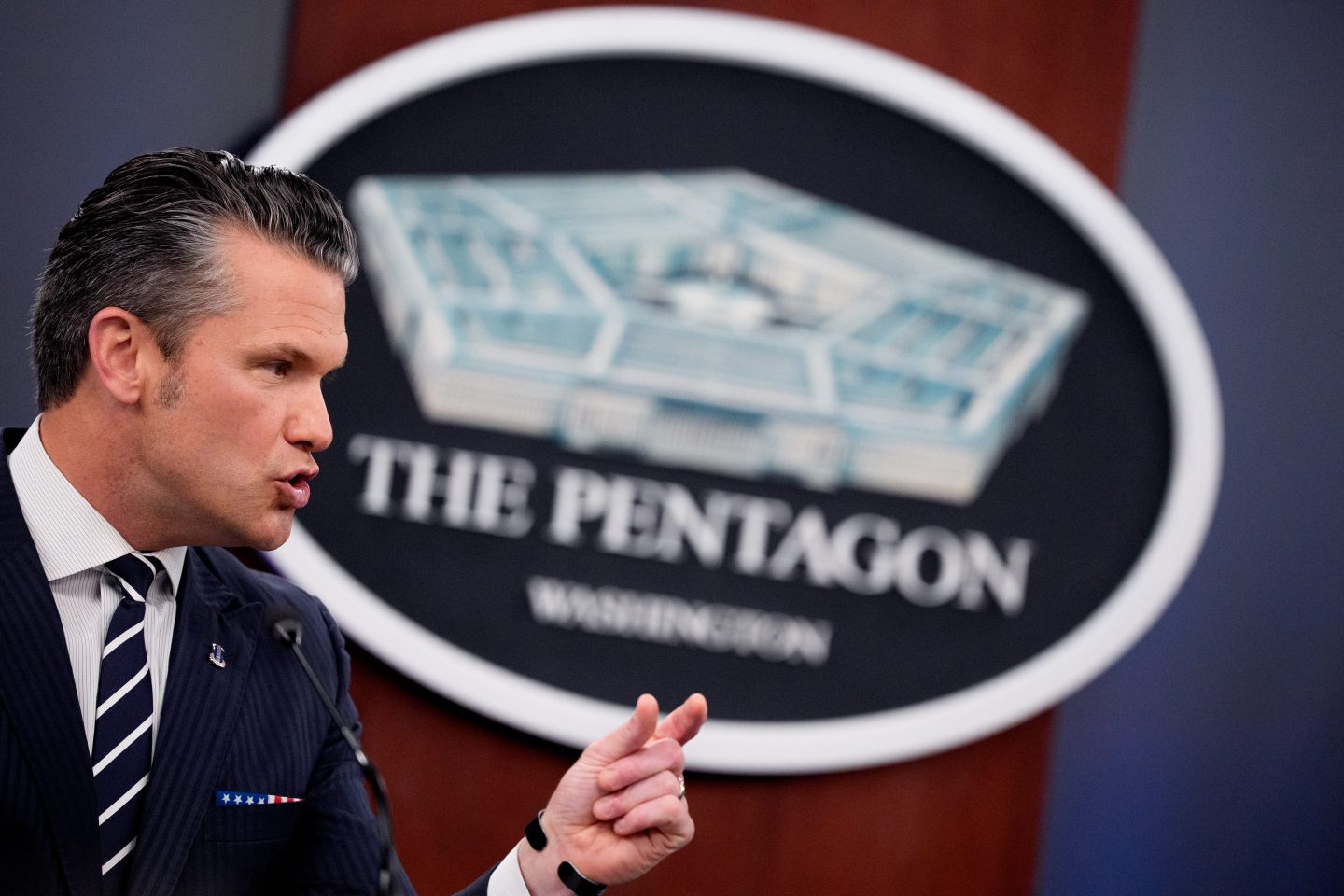 Defense Secretary Pete Hegseth speaks during a news conference at the Pentagon on Sunday.