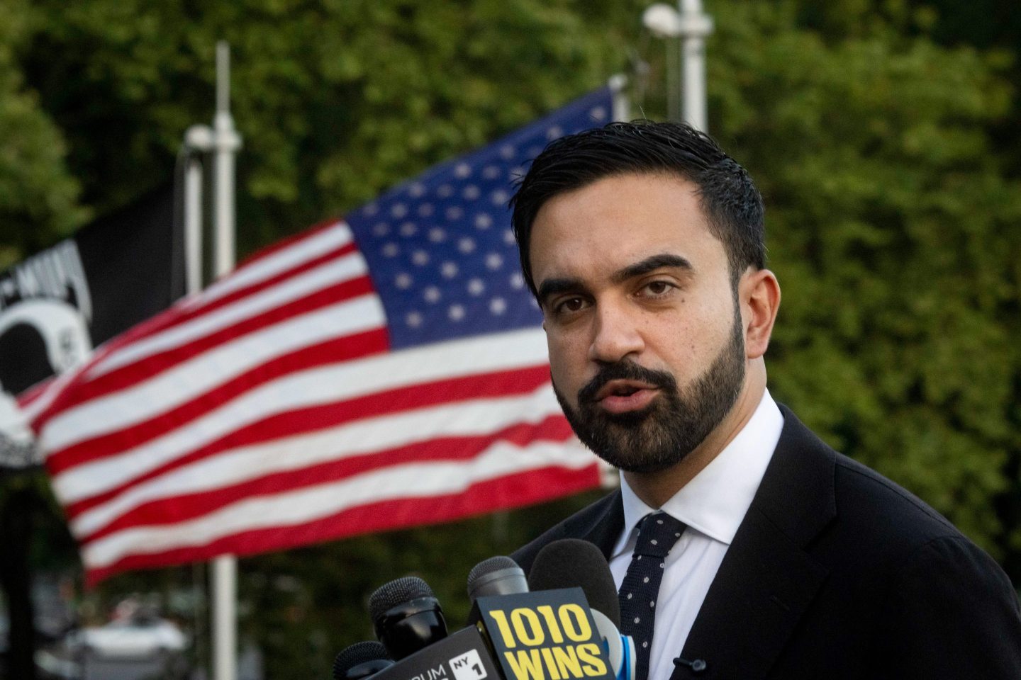 ohran Mamdani, New York City mayoral candidate, speaks during a news conference at Astoria Park during the New York City mayoral Democratic primary in the Queens borough of New York, US, on Tuesday, June 24, 2025.