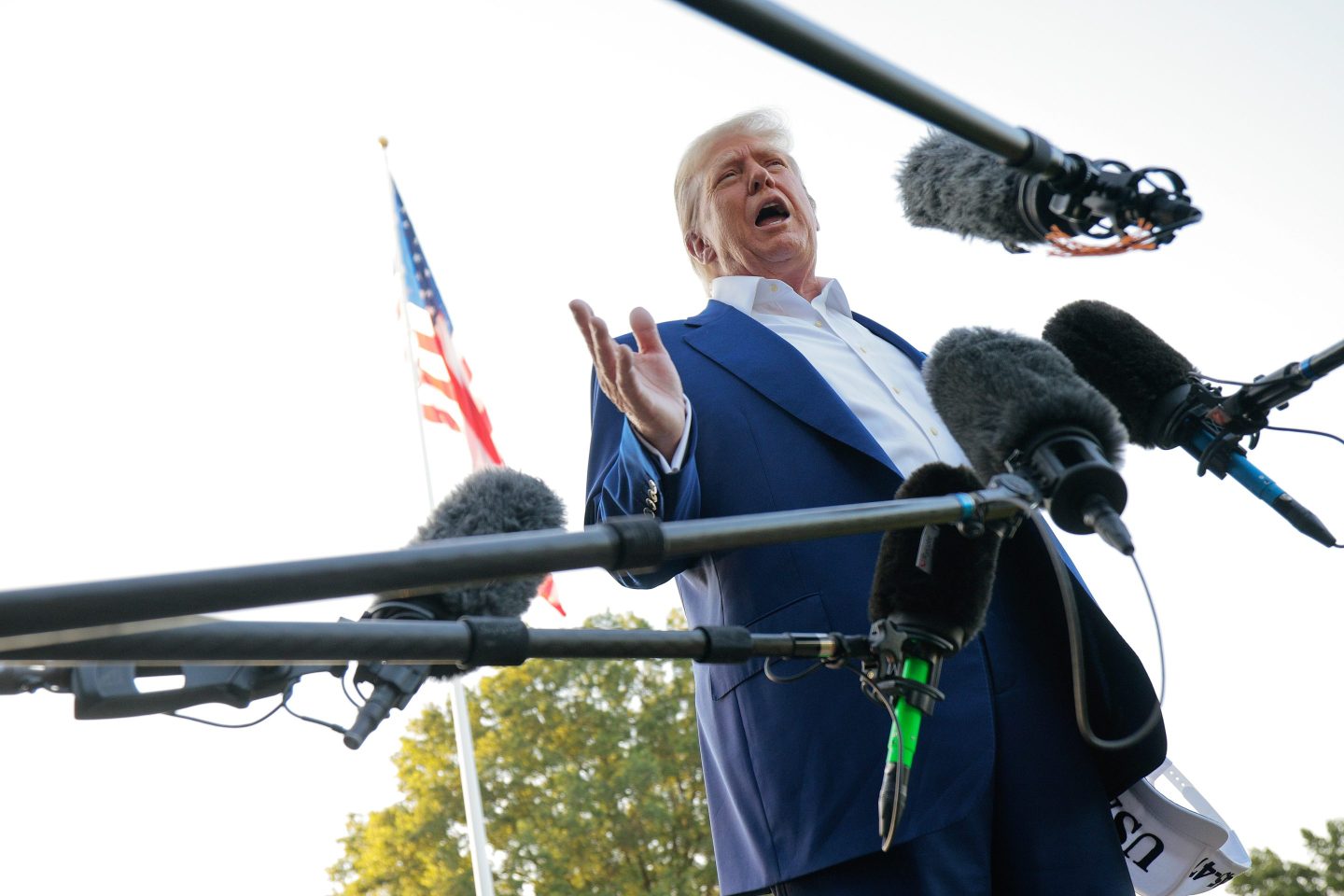 U.S. President Donald Trump speaks to reporters before boarding the Marine One presidential helicopter and departing the White House on June 24, 2025 in Washington, DC.