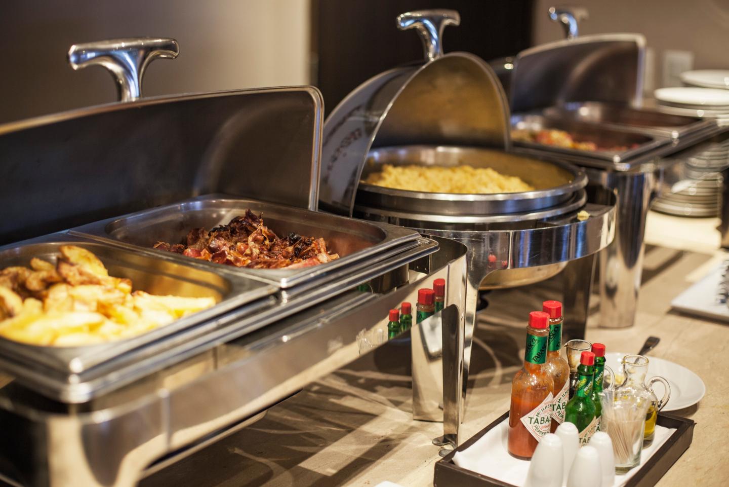 Breakfast food in warming trays
