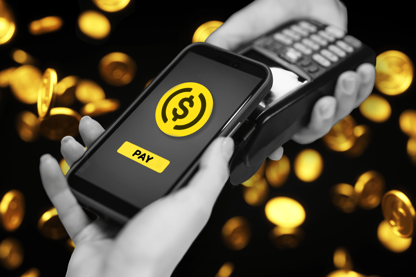 female hand pays at a noble terminal with Stablecoin while coins fall down in the background.
