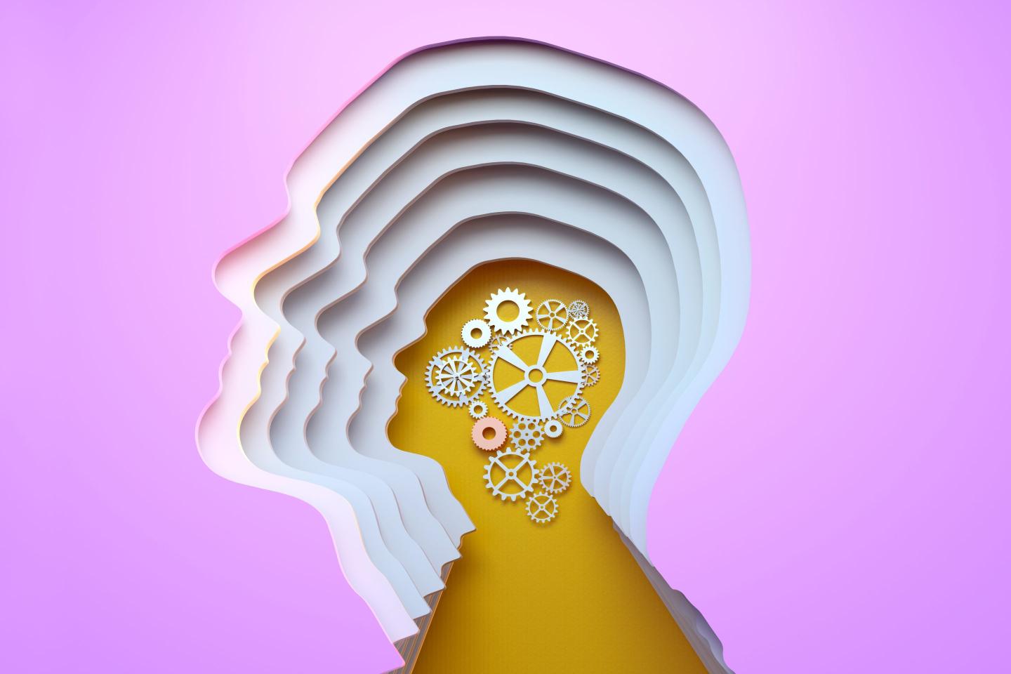 abstract illustration of an expanding head filled with machine coils and gears