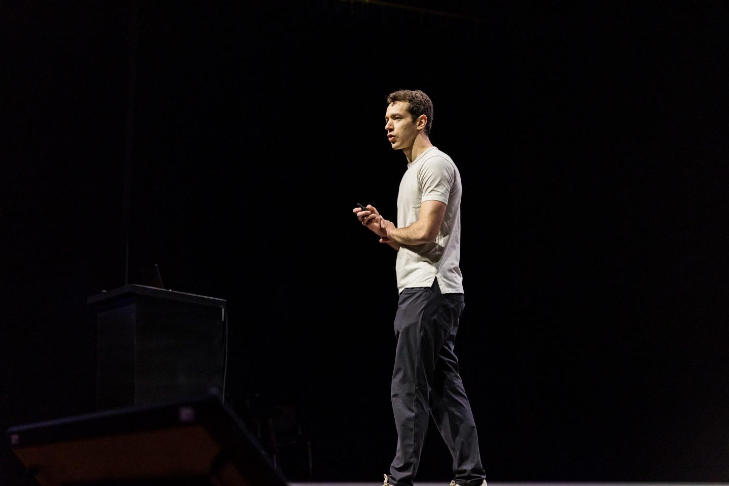 Sebastian Jimenez, the CEO of AI startup Rilla speaking on stage in Las Vegas, Nevada.