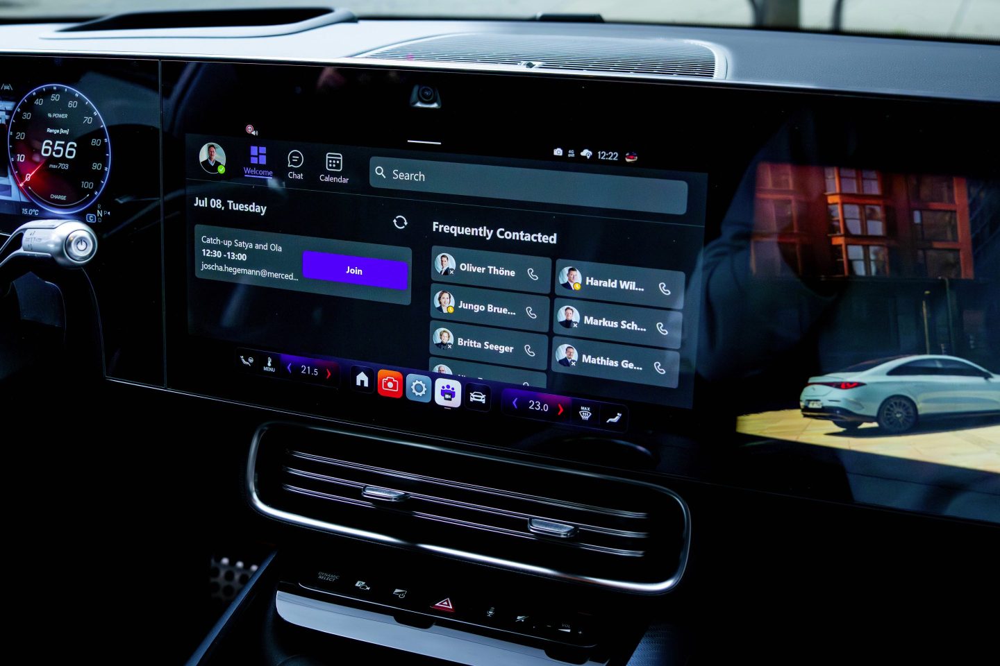Central car display in a new Mercedes Benz CLA model with the Microsoft Teams app on the screen along with a call history.
