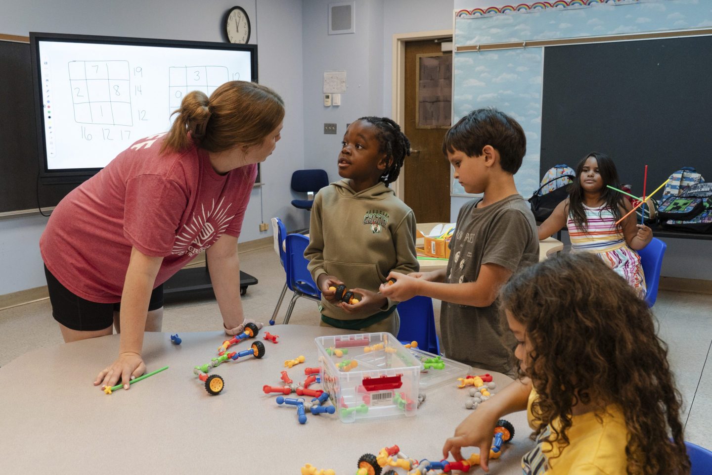 Children play with building blocks before participating in math activities during the East Providence Boys and Girls Club Summer Camp at Emma G. Whiteknact Elementary School on Thursday, July 10, 2025, in Providence R.I.