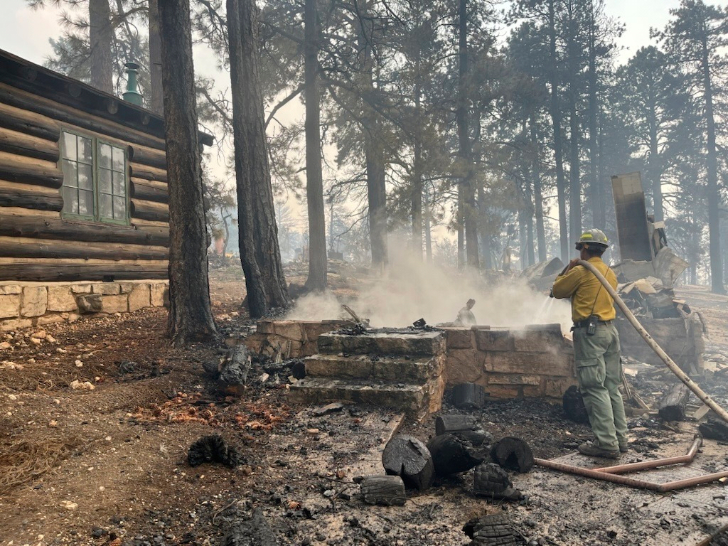 The charred remains of a building at the North Rim of Grand Canyon National Park, in northern Arizona, on July 13, 2025.