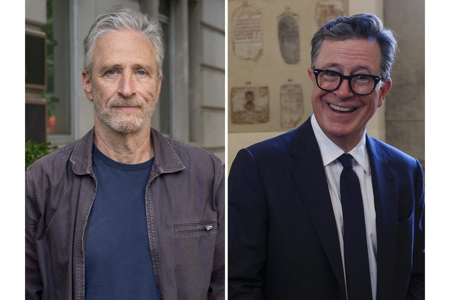 Jon Stewart, left, posing for a photo outside the Department of Veterans Affairs, July 26, 2024, in Washington and Stephen Colbert being interviewed at The Vatican, June 14, 2024.
