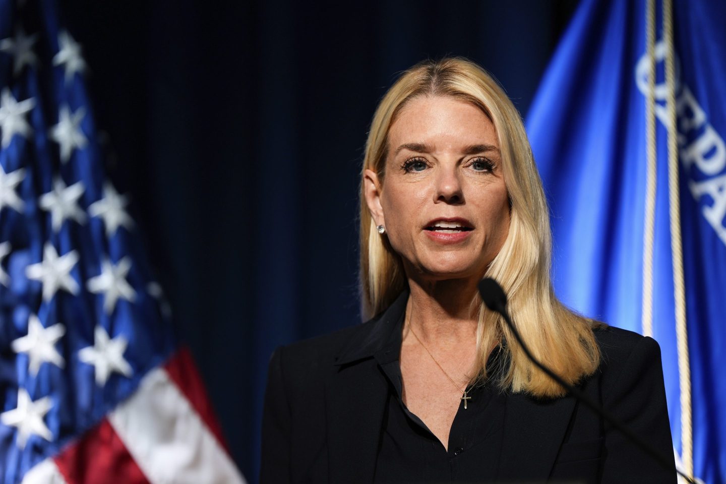 Attorney General Pam Bondi speaks at a news conference at the Drug Enforcement Administration, on July 15, 2025, in Arlington, Va.
